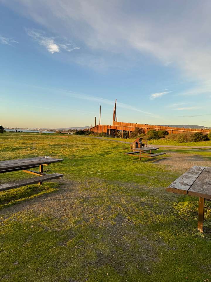 Picnic tables w/ wooden observation platform in background