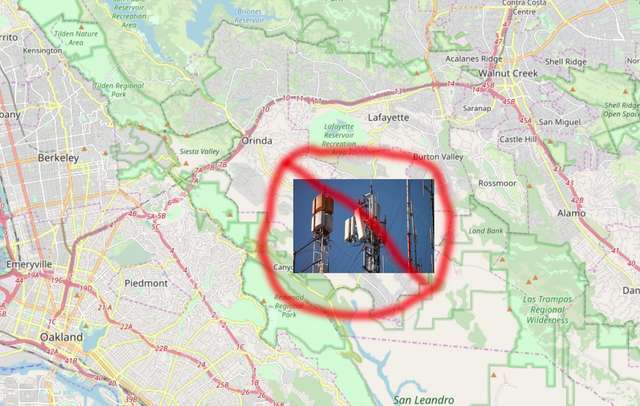 Map of bay area w/ photo of antennae with a circle and diagonal line sparay painted across it (to indicate cell towers are down)